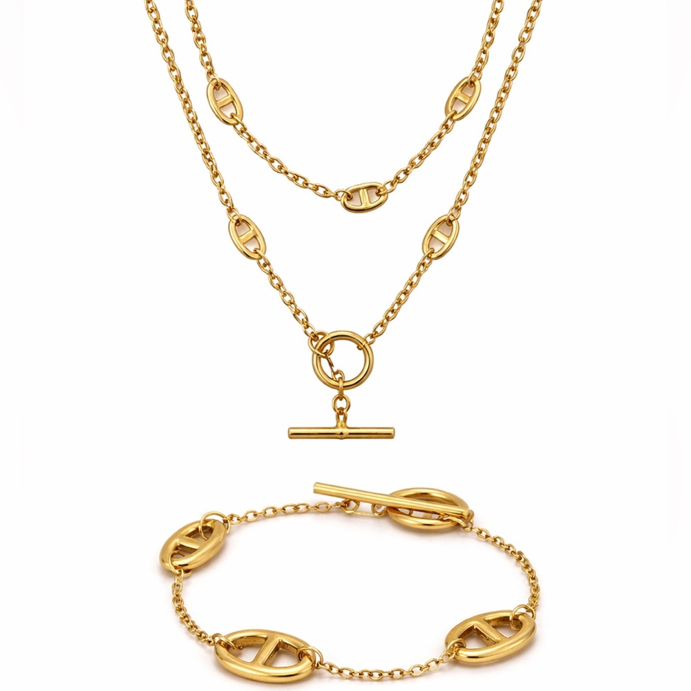 Gold Pig Nose Multilayer Necklace Bracelet Set Stainless Steel Gold Plated
